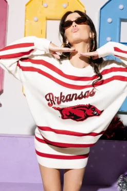 Licensed- Crimson & White 'Arkansas' Stripe Long Sleeve Sweater