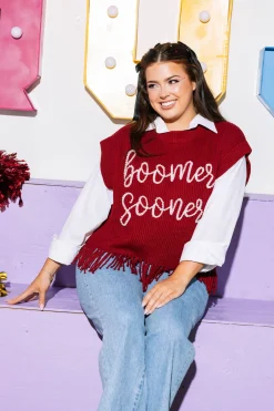Licensed- Crimson Boomer Sooner Fringe Sweater Vest