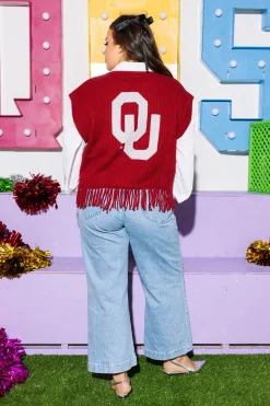 Licensed- Crimson Boomer Sooner Fringe Sweater Vest