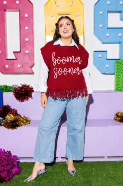 Licensed- Crimson Boomer Sooner Fringe Sweater Vest