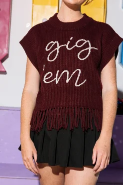 Licensed- Maroon 'Gig Em' Fringe Sweater Vest