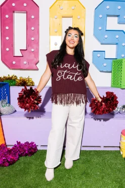 Licensed- Maroon 'Hail State' Fringe Sweater Vest