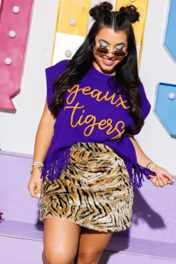 Licensed- Purple & Gold 'Geaux Tigers' Fringe Sweater Vest