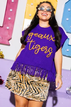 Licensed- Purple & Gold 'Geaux Tigers' Fringe Sweater Vest