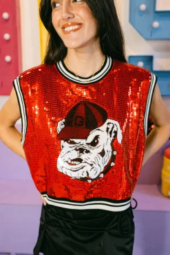 Licensed Red Full Sequin Sweater Tank With Bulldog Head