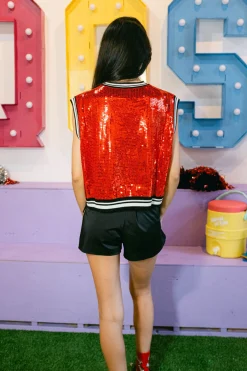 Licensed Red Full Sequin Sweater Tank With Bulldog Head