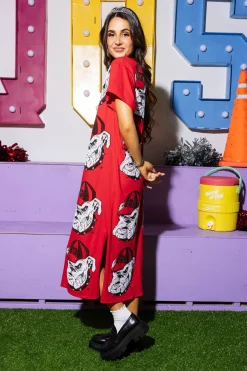 Licensed Red Sequin Georgia Bulldog Head Midi Tee Dress