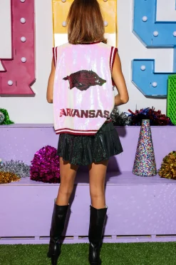 Licensed- White & Crimson Arkansas Full Sequin Button Up Sweater Vest