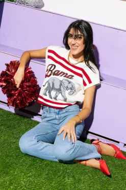 Licensed- White & Crimson Bama Striped Short Sleeve Top