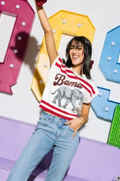 Licensed- White & Crimson Bama Striped Short Sleeve Top