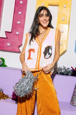 Licensed- White & Orange Tenn Full Sequin Button Up Sweater Vest