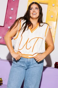 Licensed- White & Tennessee Orange Pearl 'UT' V Neck Sweater Vest