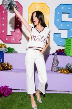 Licensed- White, Maroon & Grey Pearl 'MSU' V Neck Sweater Vest