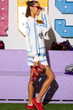 Licensed- White, Powder Blue & Red Ole Miss Stripe Long Sleeve Sweater