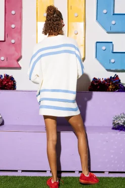 Licensed- White, Powder Blue & Red Ole Miss Stripe Long Sleeve Sweater