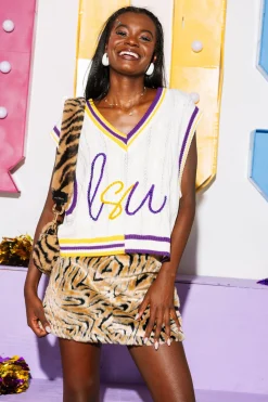 Licensed- White, Purple & Gold Pearl 'LSU' V Neck Sweater Vest