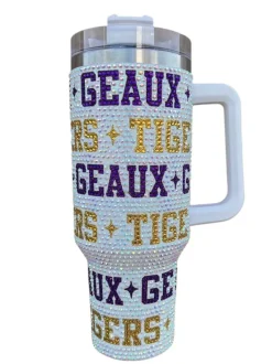 Licensed- White, Purple & Gold 'Geaux Tigers' Rhinestone Tumbler