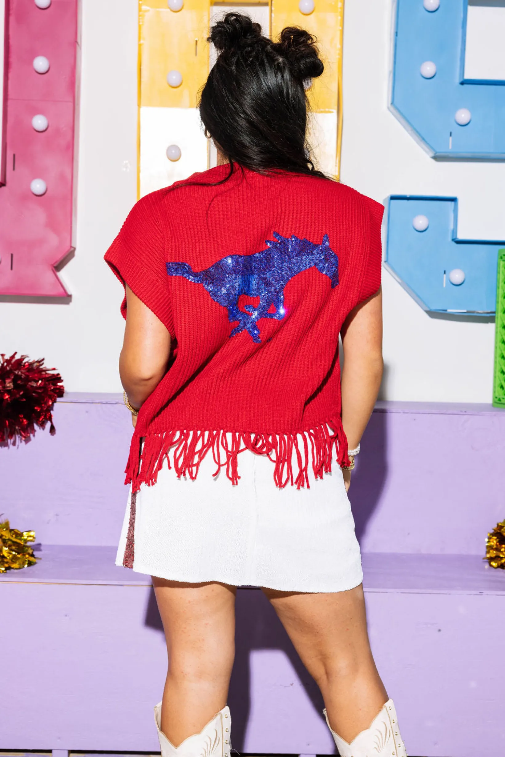 Licensed-Red & Royal 'Pony Up' Fringe Sweater Vest