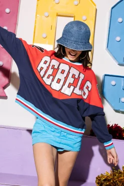 Licensed-Red, Navy & Powder Blue Two Toned Holographic 'Rebels' Sweatshirt