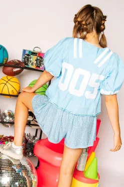 Light Blue & White QOS Jersey Peplum Top