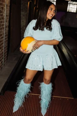 Light Blue Cotton Rhinestone Smocked Top