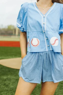 Light Blue Peplum Baseball Top