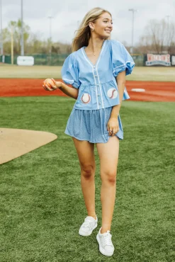 Light Blue Peplum Baseball Top
