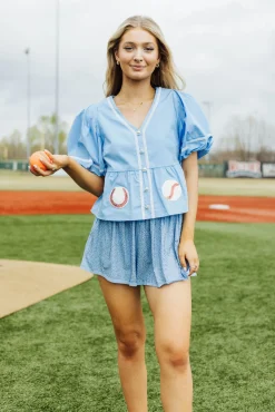 Light Blue Peplum Baseball Top