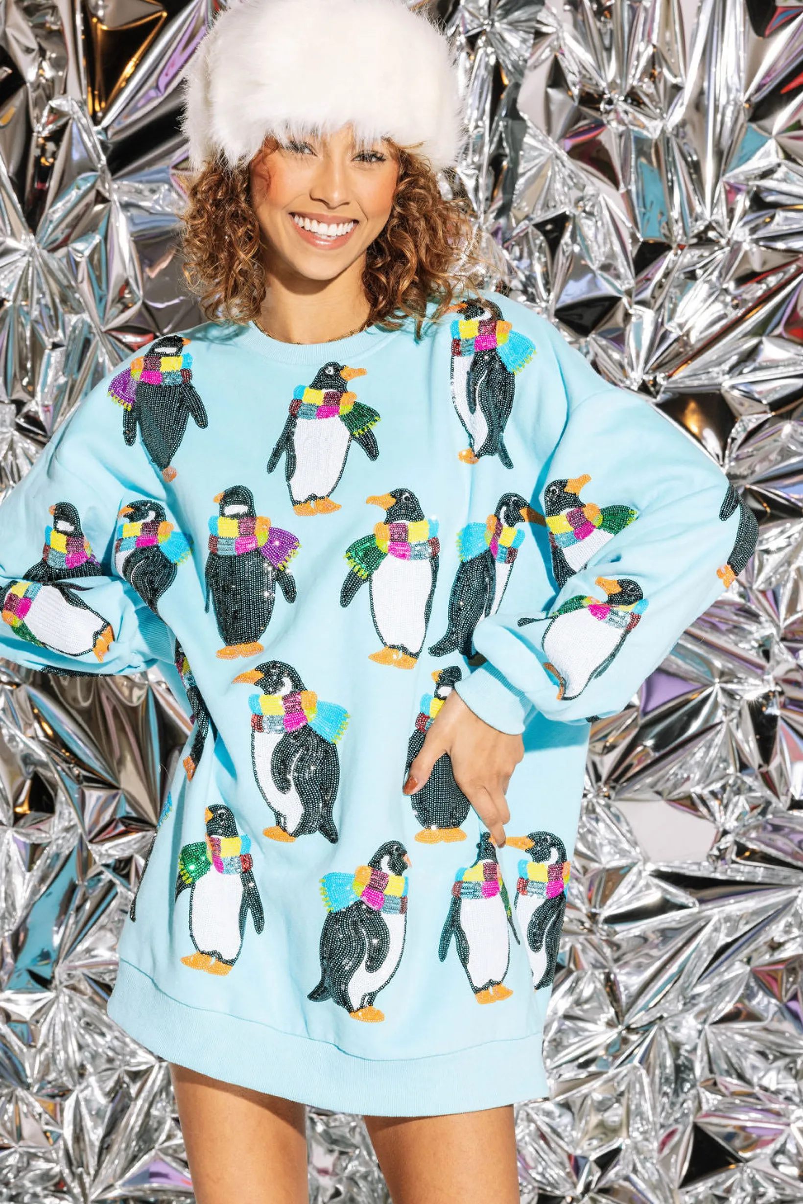 Light Blue Sweatshirt Dress with Penguins
