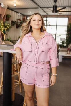 Light Pink & Black Gauze Rhinestone Trim Short