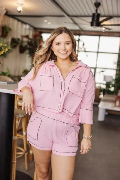 Light Pink & Black Gauze Rhinestone Trim Top