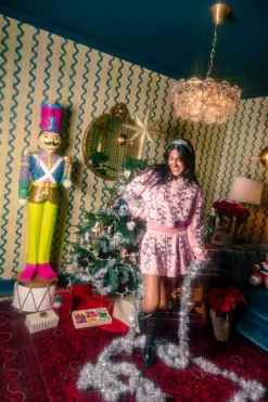 Light Pink Clear Jeweled Christmas Light V Neck Sweatshirt