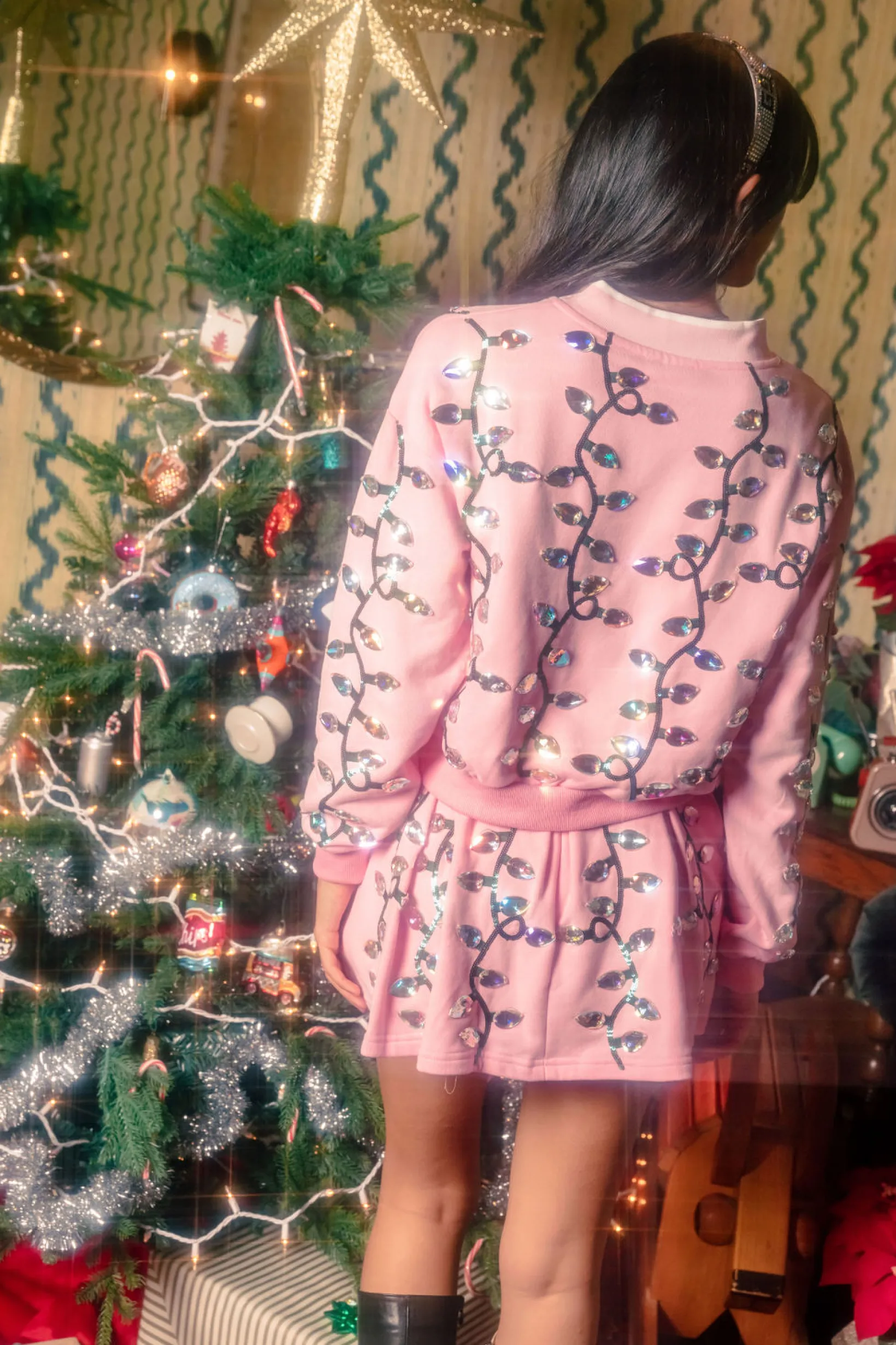 Light Pink Clear Jeweled Christmas Light V Neck Sweatshirt