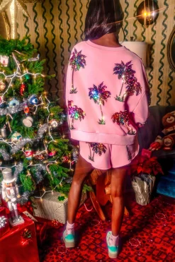 Light Pink, Green & Red Multi Christmas Light Palm Tree Sweatshirt