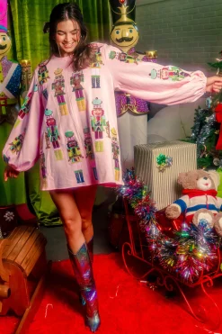 Light Pink Nutcracker Band Balloon Sleeve Sweatshirt Dress