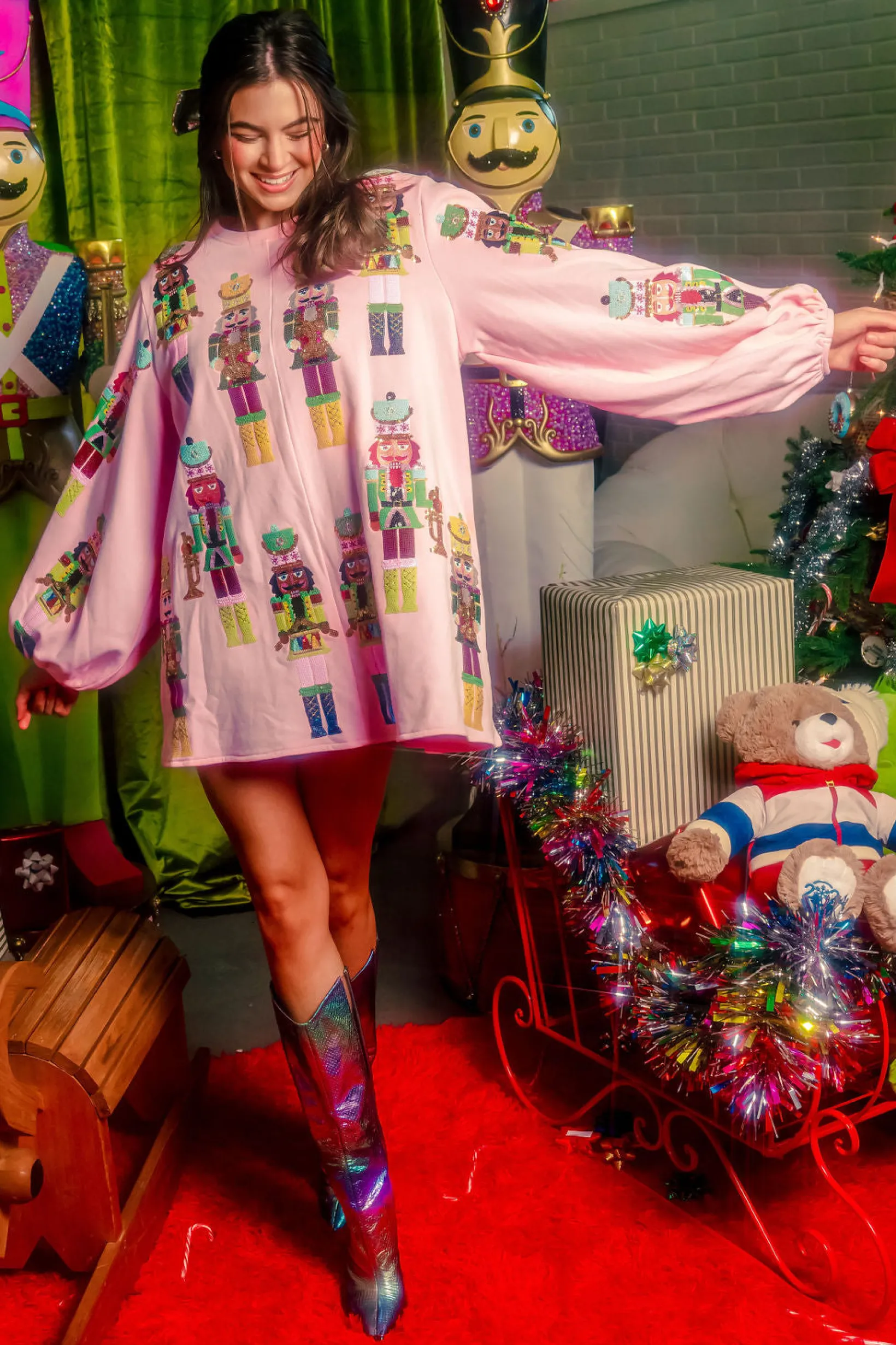 Light Pink Nutcracker Band Balloon Sleeve Sweatshirt Dress