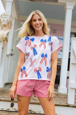 Light Pink Red, White & Blue Scattered Bow Tee