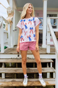 Light Pink Red, White & Blue Scattered Bow Tee
