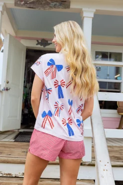 Light Pink Red, White & Blue Scattered Bow Tee