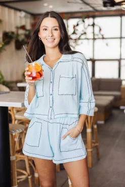 Light Teal & Black Gauze Rhinestone Trim Short