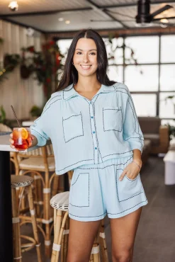 Light Teal & Black Gauze Rhinestone Trim Short