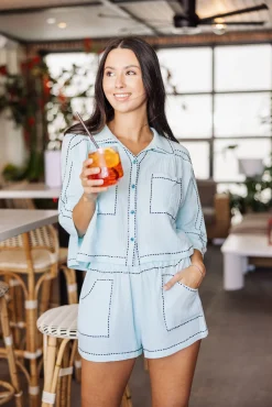 Light Teal & Black Gauze Rhinestone Trim Short