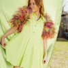 Lime & Rainbow Feather Sleeve Dress