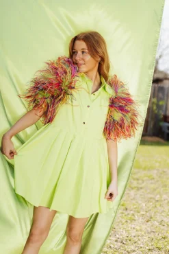 Lime & Rainbow Feather Sleeve Dress