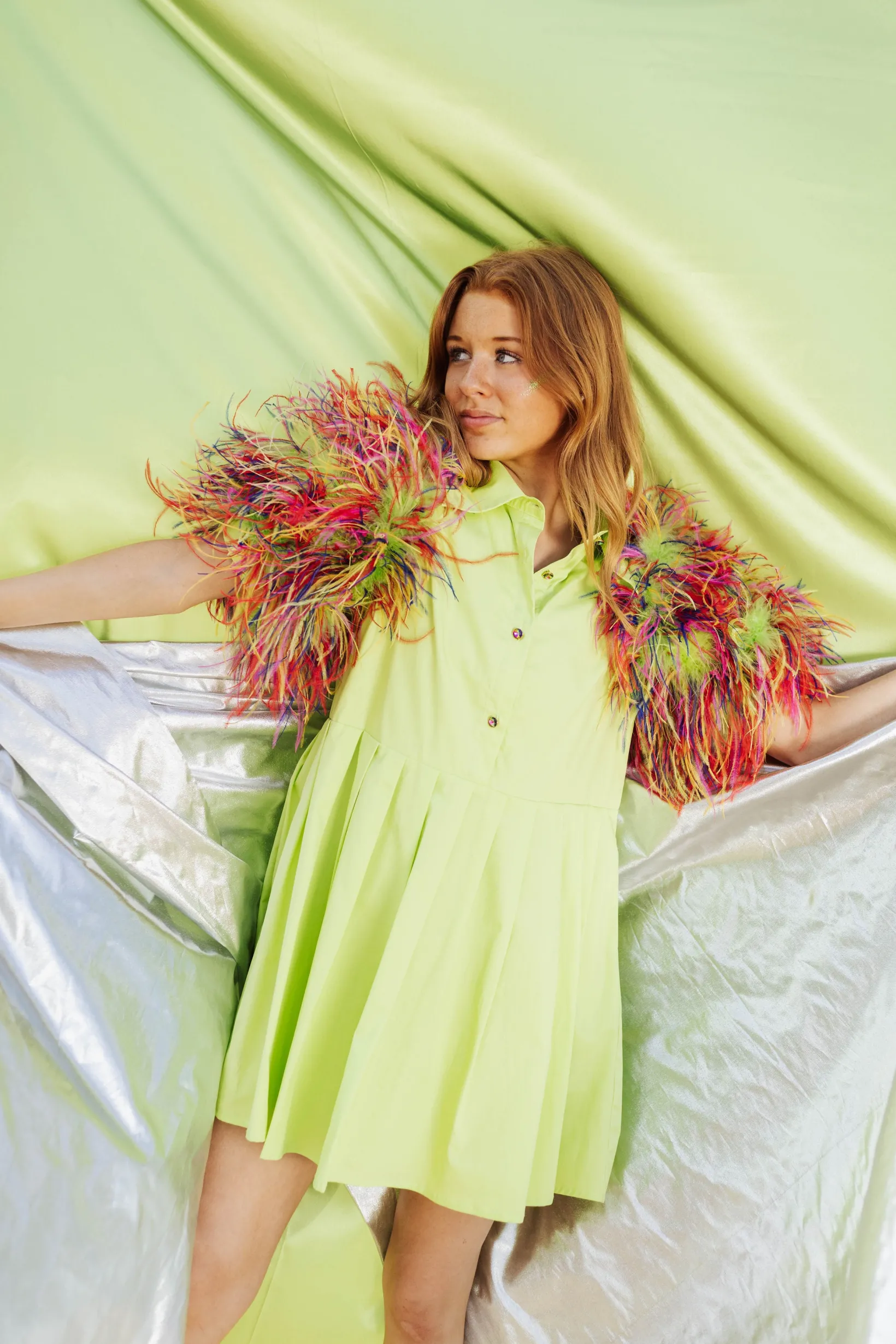 Lime & Rainbow Feather Sleeve Dress
