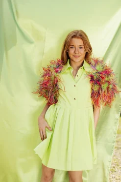 Lime & Rainbow Feather Sleeve Dress