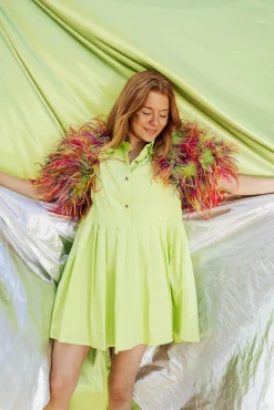 Lime & Rainbow Feather Sleeve Dress