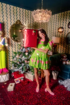 Lime Green Flamingos In Santa Hats Dress