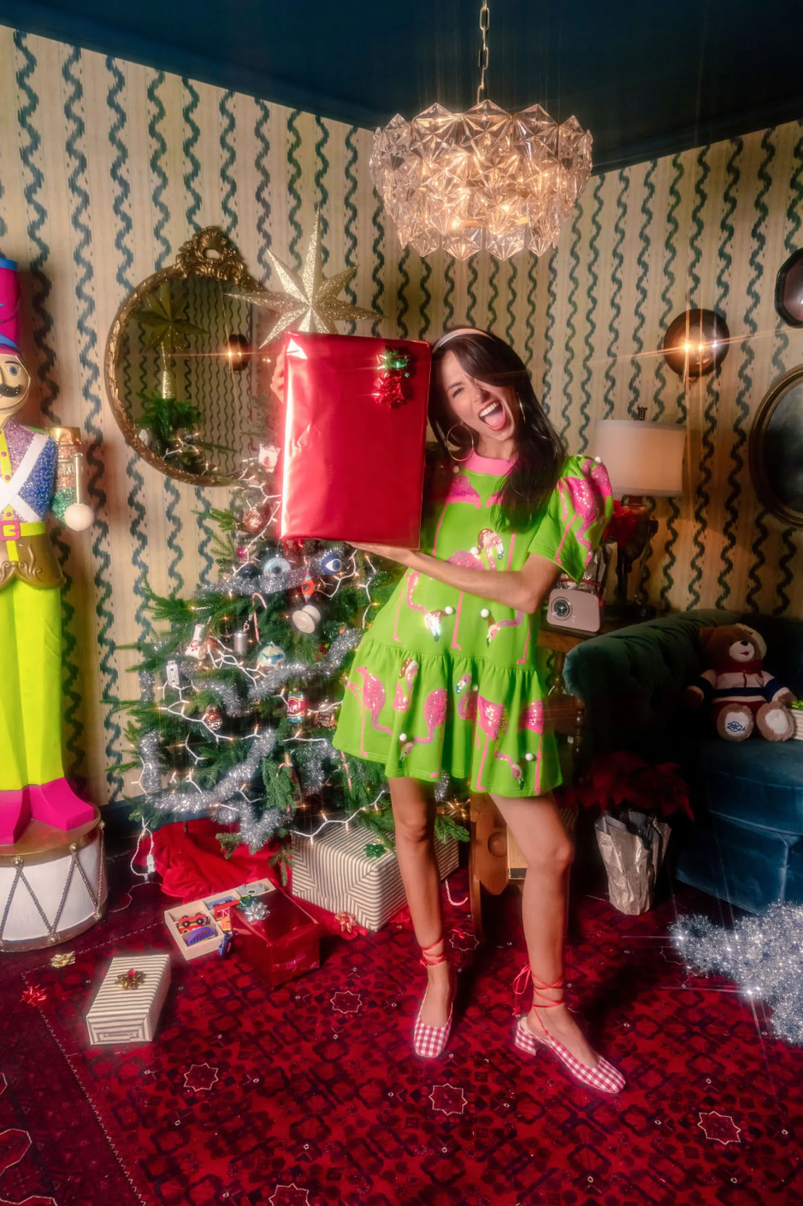 Lime Green Flamingos In Santa Hats Dress