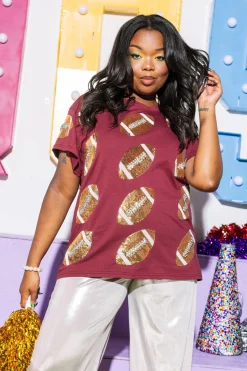Maroon & Gold Rhinestone Lace Football Tee